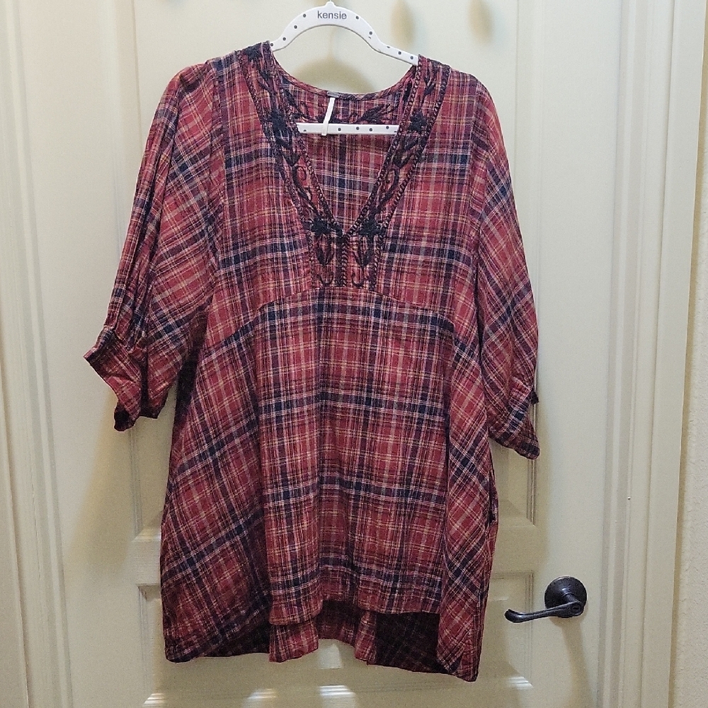 Free People Red Plaid Tunic with Black Lace